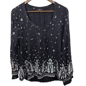 Lucky Brand Black White Floral Square Neck Blouse Small